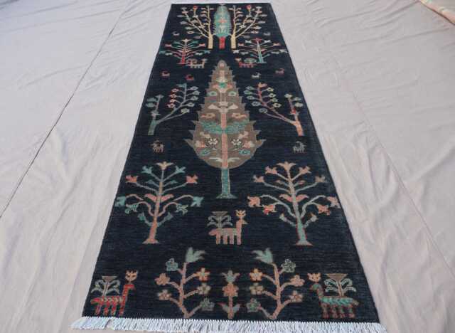 3x10 Black Runner Rug, Tree Of Life Pictorial Hand Knotted Wool Tribal Nomadic Home Decor Art 10 Ft Hallway Rug - image 1