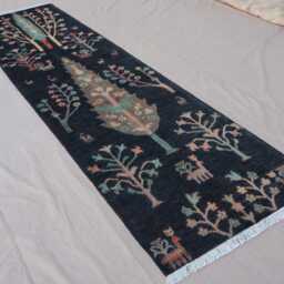 3x10 Black Runner Rug, Tree Of Life Pictorial Hand Knotted Wool Tribal Nomadic Home Decor Art 10 Ft Hallway Rug - thumbnail 2