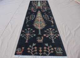3x10 Black Runner Rug, Tree Of Life Pictorial Hand Knotted Wool Tribal Nomadic Home Decor Art 10 Ft Hallway Rug - thumbnail 1