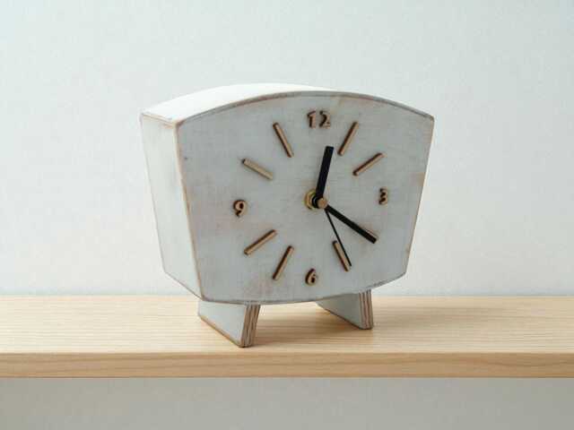 Handmade White Wooden Desk Clock, Fuma Wood, 60S Vintage Style - image 1