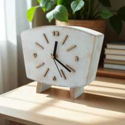 Handmade White Wooden Desk Clock, Fuma Wood, 60S Vintage Style - thumbnail 4