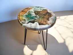 Epoxy Resin Coffee Table - Mango Wood & Wave Look 40 X 45 cm Round Handmade Maritime Design Unique Sturdy Black Metal Legs