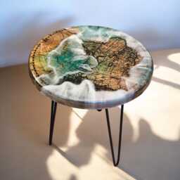 Epoxy Resin Coffee Table - Mango Wood & Wave Look 40 X 45 cm Round Handmade Maritime Design Unique Sturdy Black Metal Legs - thumbnail 2