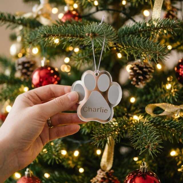 Personalised Dog Paw Christmas Ornament - Tree Decoration Keepsake Silver Mirror Acrylic Hanging Print - image 1