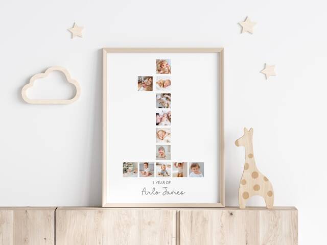 Personalised First Birthday Photo Baby Keepsake Print, One Year Custom Print With 12 Photos, 1st Unisex Gift - image 1
