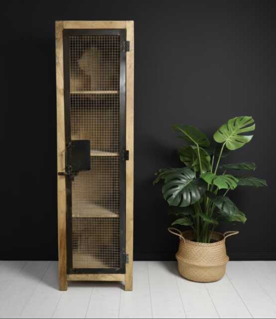 Tall Industrial Locker Cabinet 182cm - Wood & Iron Storage Cupboard Mesh Door Shelving 52cm Rustic Organiser 6Ft Furniture - image 1