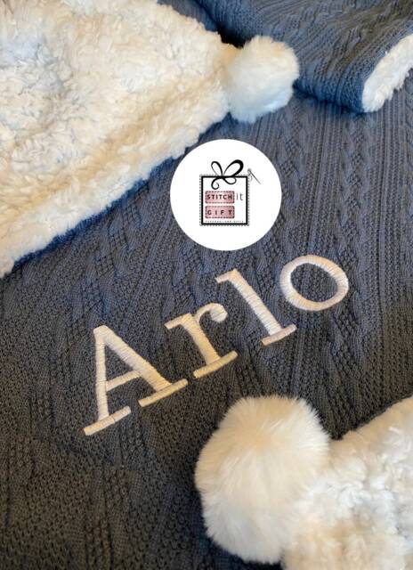 Personalised Baby Cable Knit Wrap Blanket -Name Embroidered Pom Pom/Sherpa Fleece Reverse - image 1