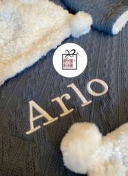 Personalised Baby Cable Knit Wrap Blanket -Name Embroidered Pom Pom/Sherpa Fleece Reverse