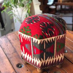 Vintage Kilim Ottoman Stool, Hexagon Footrest, Beech Wood Legs - thumbnail 2