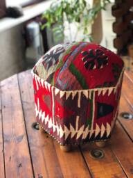 Vintage Kilim Ottoman Stool, Hexagon Footrest, Beech Wood Legs