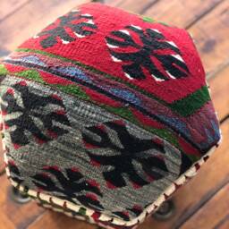 Vintage Kilim Ottoman Stool, Hexagon Footrest, Beech Wood Legs - thumbnail 3
