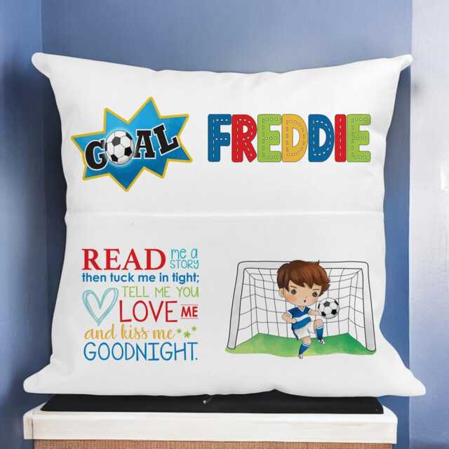 Personalised Football-Themed Kids Book Cushion - 40x40cm Custom Name Pillow Bedtime Story Holder Optional Insert - image 1