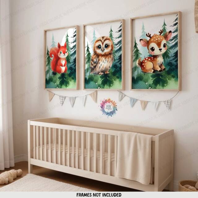 Woodland Nursery Prints - Set Of 3 Animal Posters - Owl, Deer, Squirrel Green Forest Bedroom Decor Outdoor Playroom Wall Art Boy Girl - image 1