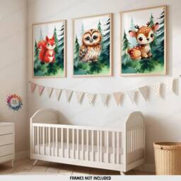 Woodland Nursery Prints - Set Of 3 Animal Posters - Owl, Deer, Squirrel Green Forest Bedroom Decor Outdoor Playroom Wall Art Boy Girl - thumbnail 2