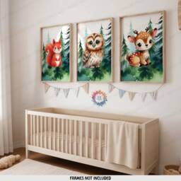 Woodland Nursery Prints - Set Of 3 Animal Posters - Owl, Deer, Squirrel Green Forest Bedroom Decor Outdoor Playroom Wall Art Boy Girl - thumbnail 1