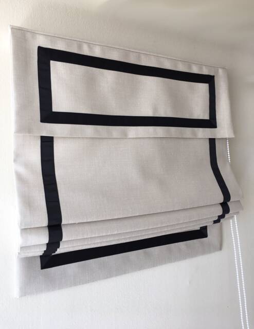 Cream Relaxed Roman Shade With Black Ribbon, Custom Window Treatment - image 1