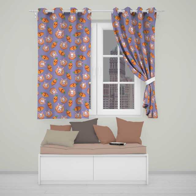 Cute Kawaii Bunny With Carrot Donut Seamless Pattern Purple Background Readymade Eyelet Ring Top Thermal 100% Blackout Curtains - image 1