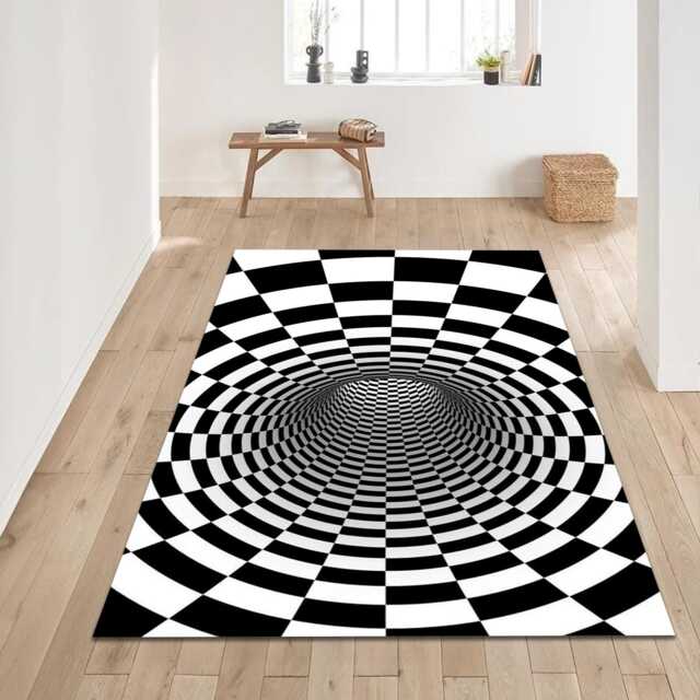 Black White Optical Illusion Rug - Checkerboard Tunnel Tile Mat Modern Geometric Area - image 1