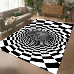Black White Optical Illusion Rug - Checkerboard Tunnel Tile Mat Modern Geometric Area - thumbnail 2