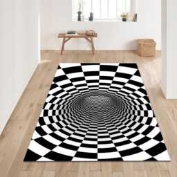 Black White Optical Illusion Rug - Checkerboard Tunnel Tile Mat Modern Geometric Area - thumbnail 1