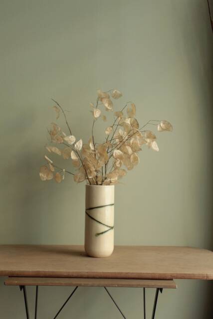Handmade Ceramic Minimal Design Vase, Stoneware Flower White Vase With Green Texture, Home Decor, Modern Unique Decorative Pottery - image 1