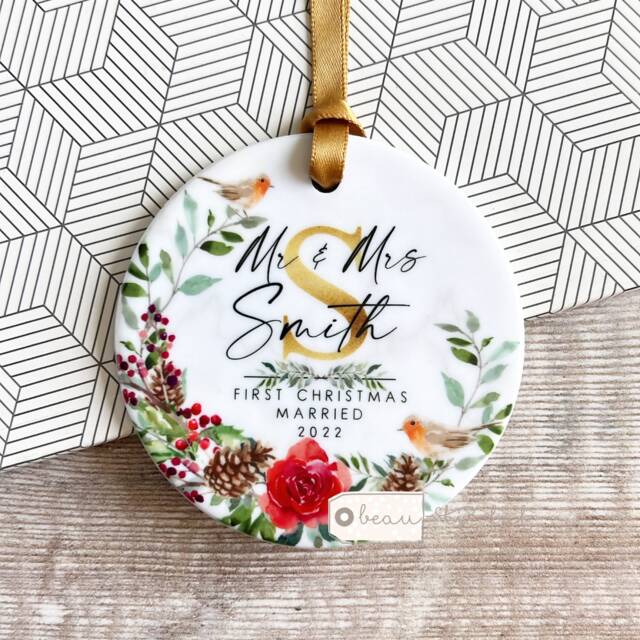 Personalised First Christmas Married Wedding Gift Mr Mrs Newlywed Robin Greenery Design Ceramic Or Acrylic Round Ornament Keepsake - image 1