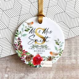 Personalised First Christmas Married Wedding Gift Mr Mrs Newlywed Robin Greenery Design Ceramic Or Acrylic Round Ornament Keepsake
