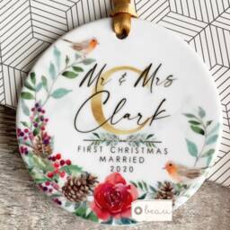 Personalised First Christmas Married Wedding Gift Mr Mrs Newlywed Robin Greenery Design Ceramic Or Acrylic Round Ornament Keepsake - thumbnail 2
