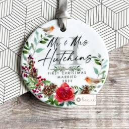 Personalised First Christmas Married Wedding Gift Mr Mrs Newlywed Robin Greenery Design Ceramic Or Acrylic Round Ornament Keepsake - thumbnail 3