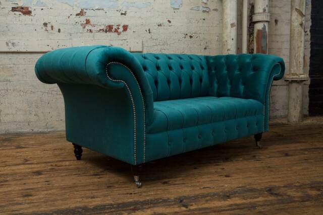 British Handmade Teal Velvet 2 Seater Chesterfield Sofa - image 1