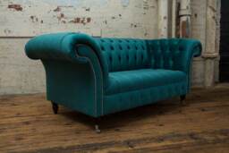 British Handmade Teal Velvet 2 Seater Chesterfield Sofa - thumbnail 1