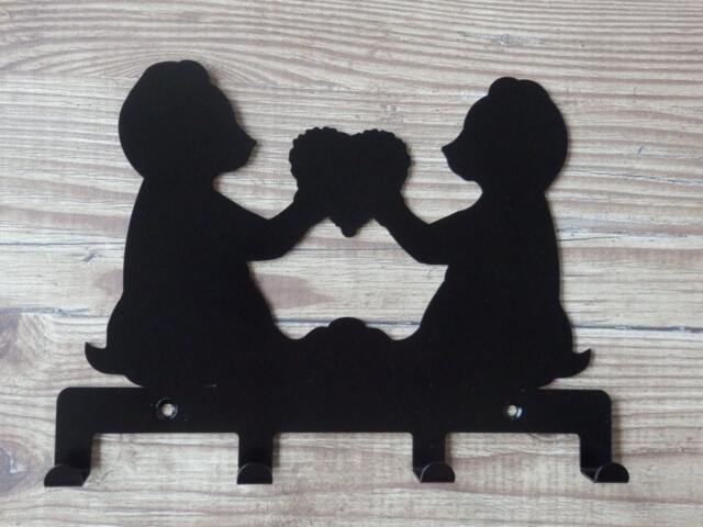 Pair Of Teddy Bears Holding A Heart Silhouette Key Hook Rack - Cute Metal Wall Art - image 1