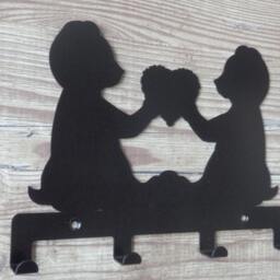 Pair Of Teddy Bears Holding A Heart Silhouette Key Hook Rack - Cute Metal Wall Art - thumbnail 2