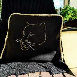 Black Thick Linen Panther Golden Silver Beads Embroidered Decorative Shiny Rim, Black Pillow Case With - thumbnail 3