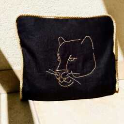 Black Thick Linen Panther Golden Silver Beads Embroidered Decorative Shiny Rim, Black Pillow Case With - thumbnail 2