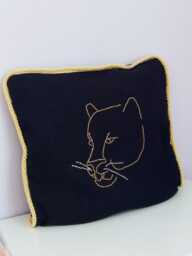 Black Thick Linen Panther Golden Silver Beads Embroidered Decorative Shiny Rim, Black Pillow Case With - thumbnail 1
