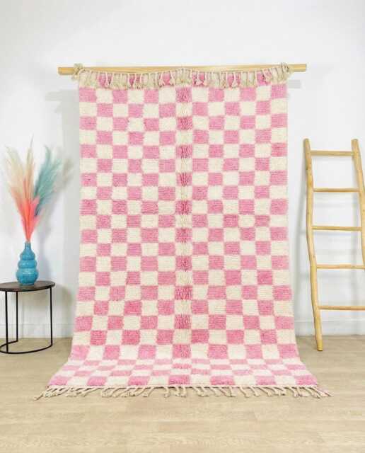 Moroccan Pink Berber Rug, Boho Nursery Handwoven Checkered Wool Shag Authentic Beni Ourain Carpet, Large Area Rug - image 1