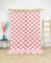 Moroccan Pink Berber Rug, Boho Nursery Handwoven Checkered Wool Shag Authentic Beni Ourain Carpet, Large Area Rug - thumbnail 1
