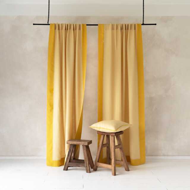 Linen Curtains With Border, Custom Bordered Back Tab Curtain Panel Contrast Trim - image 1