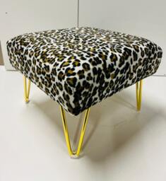Snow Leopard Print Footstool - Chic Gold Metal Leg Pouffe