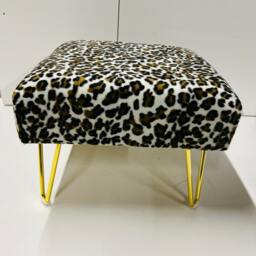 Snow Leopard Print Footstool - Chic Gold Metal Leg Pouffe - thumbnail 2