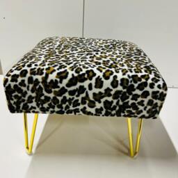 Snow Leopard Print Footstool - Chic Gold Metal Leg Pouffe - thumbnail 4
