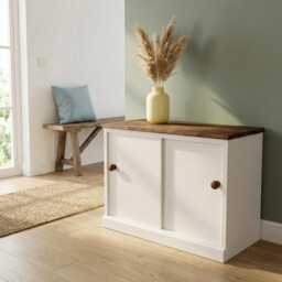 Handmade White Shoe Storage Cabinet Sliding Doors, Adjustable Shelves - thumbnail 3