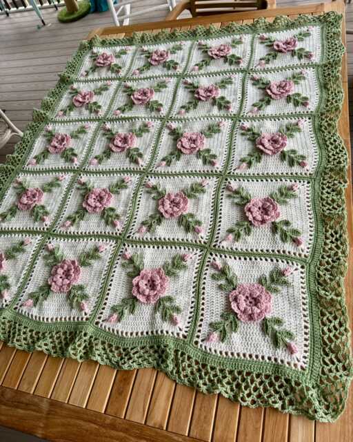Crocheted Rose Afghan Blanket Pink, Sage Green, & Off-White - image 1