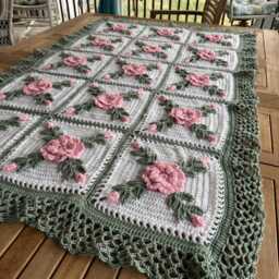 Crocheted Rose Afghan Blanket Pink, Sage Green, & Off-White - thumbnail 4