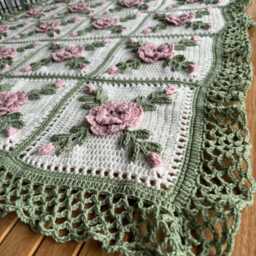 Crocheted Rose Afghan Blanket Pink, Sage Green, & Off-White - thumbnail 2
