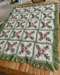 Crocheted Rose Afghan Blanket Pink, Sage Green, & Off-White
