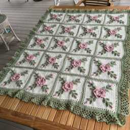 Crocheted Rose Afghan Blanket Pink, Sage Green, & Off-White - thumbnail 3