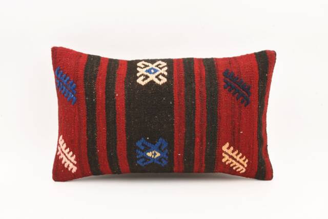 Handwoven Kilim Lumbar Pillow Cover Turkish Wool Throw, 12x20 Inches - image 1