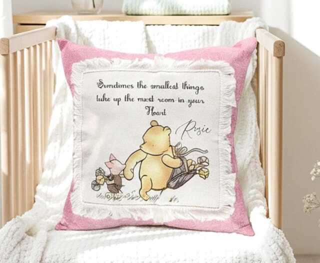 Pooh Bear Piglet Linen Patchwork Cushion, Durable Pillow Case 40x40cm Personalised Nursery Keepsake - image 1